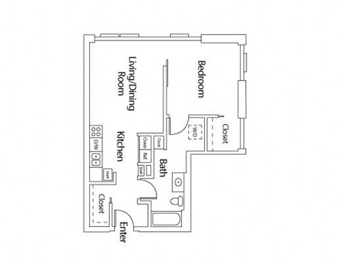 Floor plan for 1 bed, 1 bath, 621 sqft